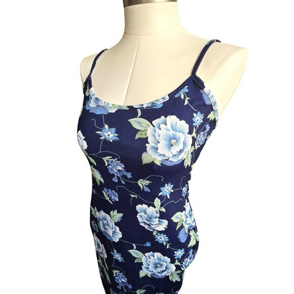 Navy Blue Floral Bodycon Midi Dress With Spaghetti Straps Size L 8/10 JJ3940 - Picture 9 of 9